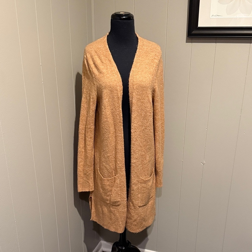 Marled Long Warm Tan Open-Front Cardigan with Pockets